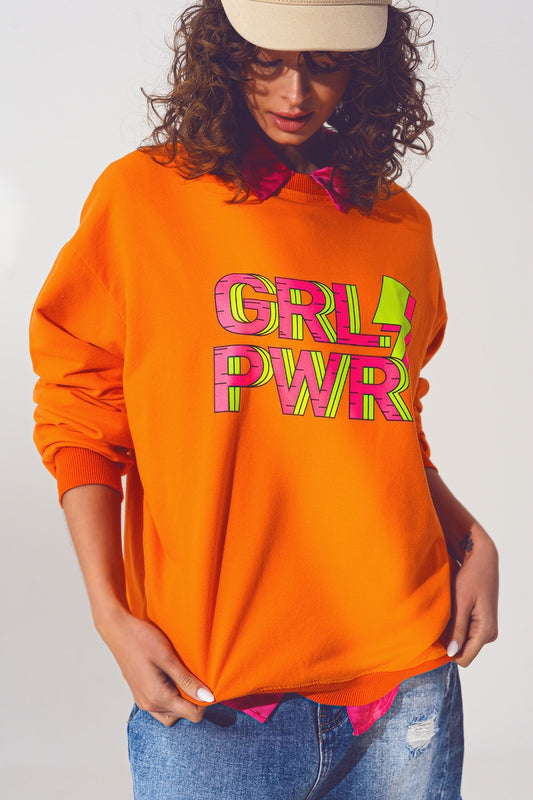 GRL PWR Text Sweatshirt in Orange - Sweaters