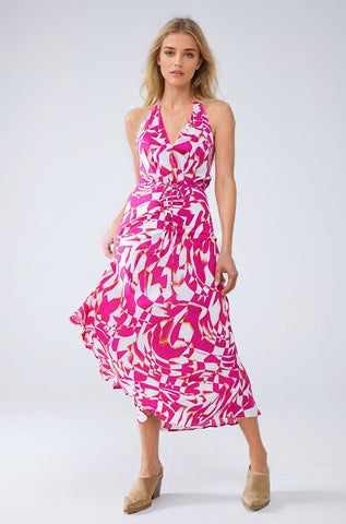 Vestido Halter Midi com Cintura Cinturada em Fúcsia Abstrato e Estampa Branca