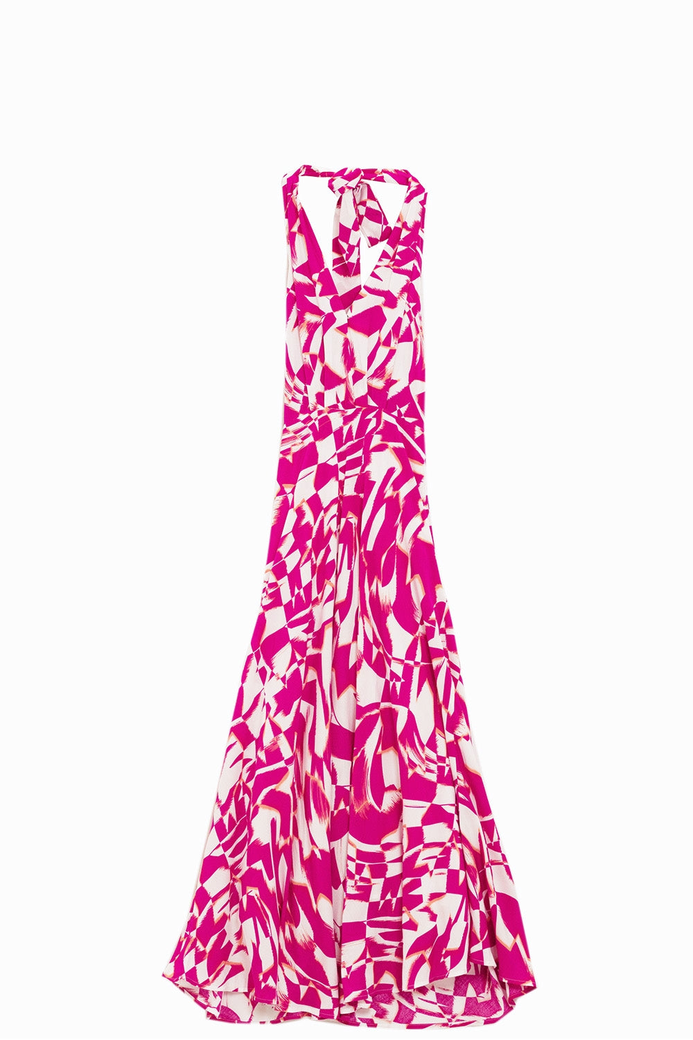 Halter Midi Dress with Cinched Waist In Abstract fuchsia and White Print - Dresses