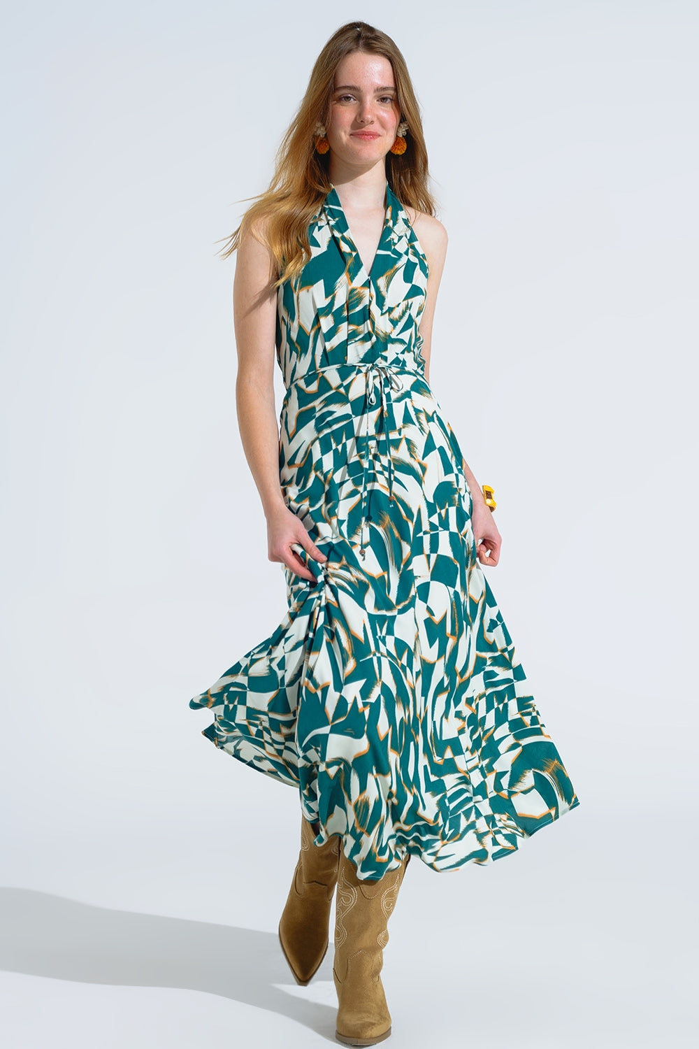 Halter Midi Dress with Cinched Waist In Abstract Green and White Print - Dresses