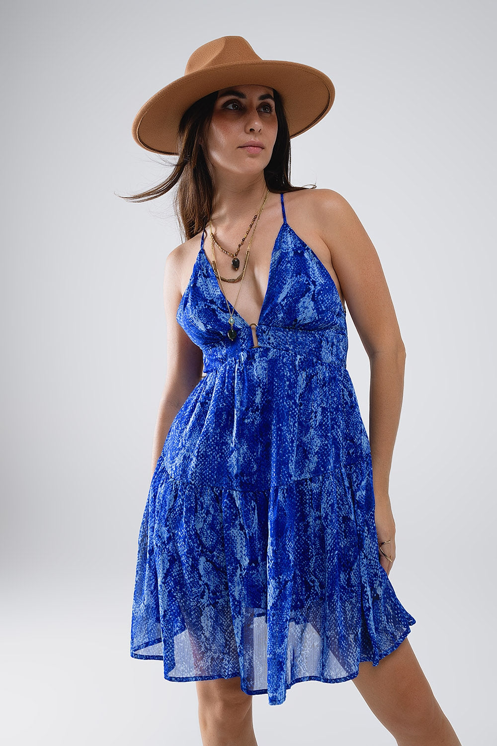 Halter Open Back BabyDoll Dress in snake Blue Print - Dresses