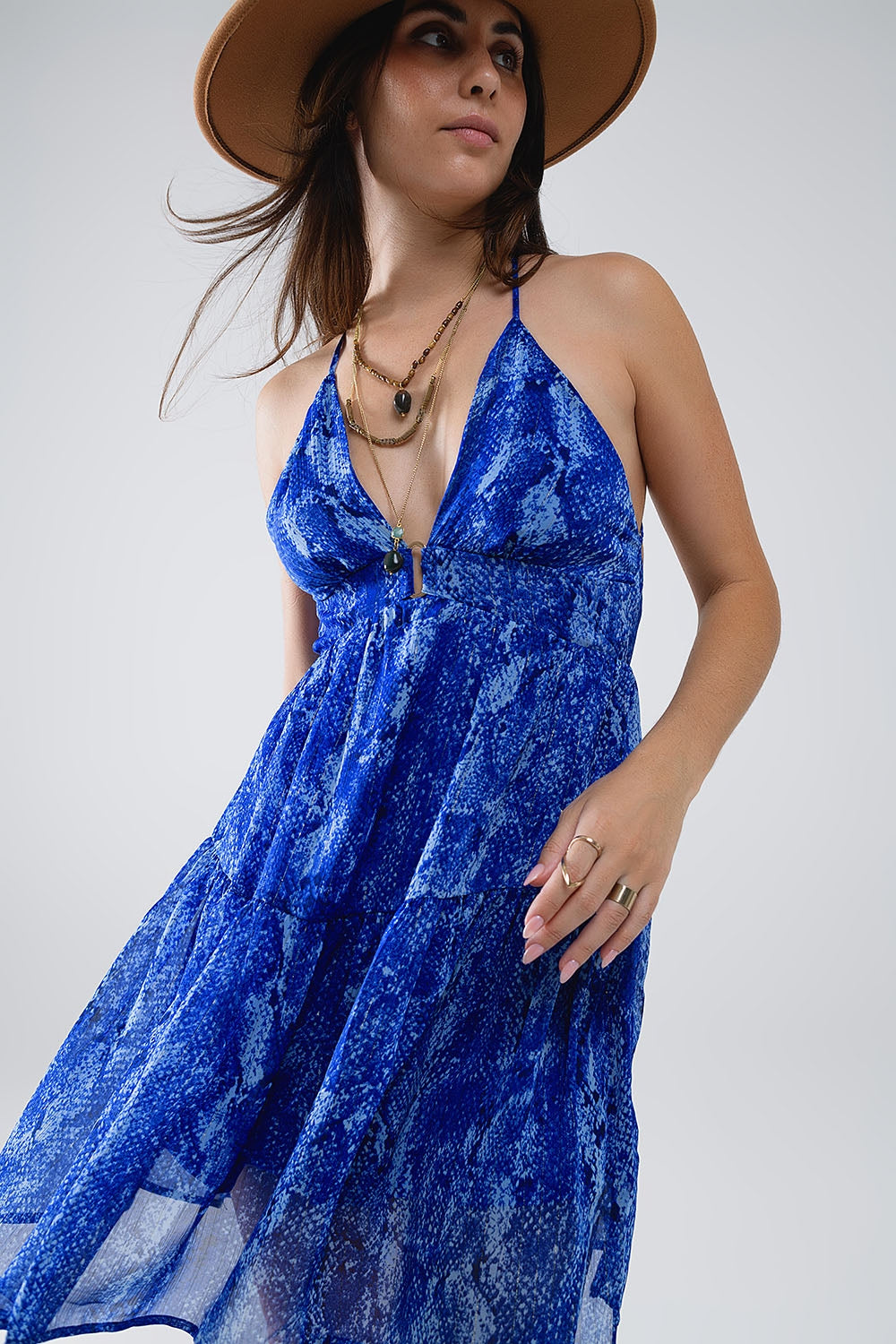 Halter Open Back BabyDoll Dress in snake Blue Print - Dresses