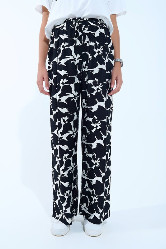 Hawaiian Floral Print Straight Pants in Black and White - Pants
