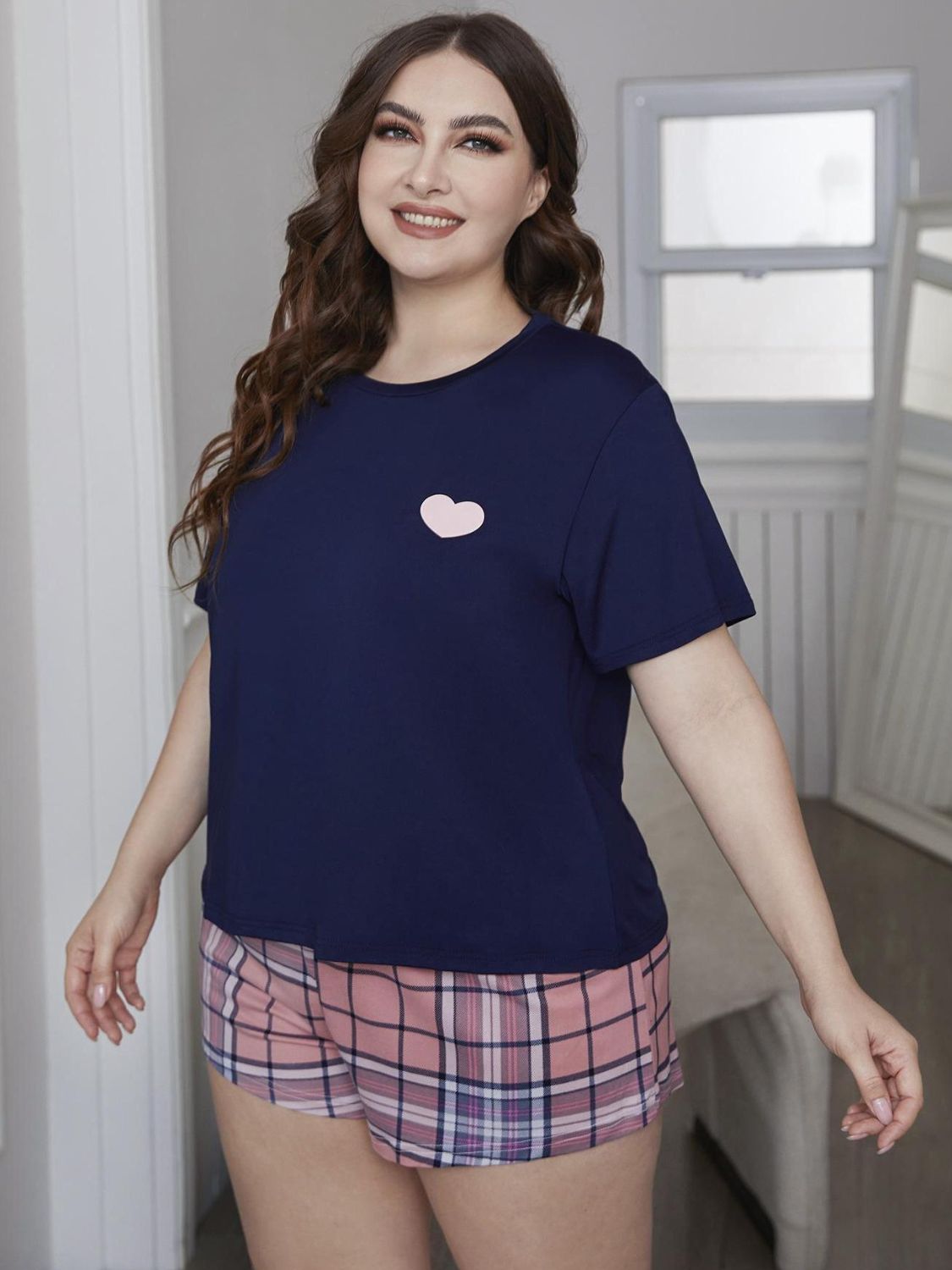 Plus Size Heart Graphic Top and Plaid Shorts Loungewear Set Navy Pink - Loungewear