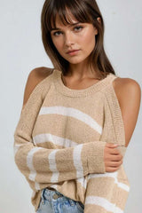Heather Sweater With Open Shoulders and Horizontal Stripes in Beige