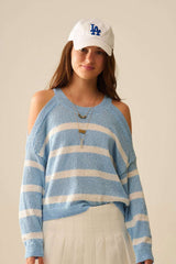 Pull chiné à épaules dénudées et rayures horizontales bleu
