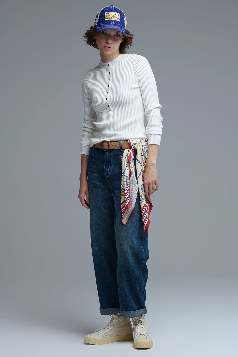 henley Long Sleeve Ribbed Sweater in White - Sweaters