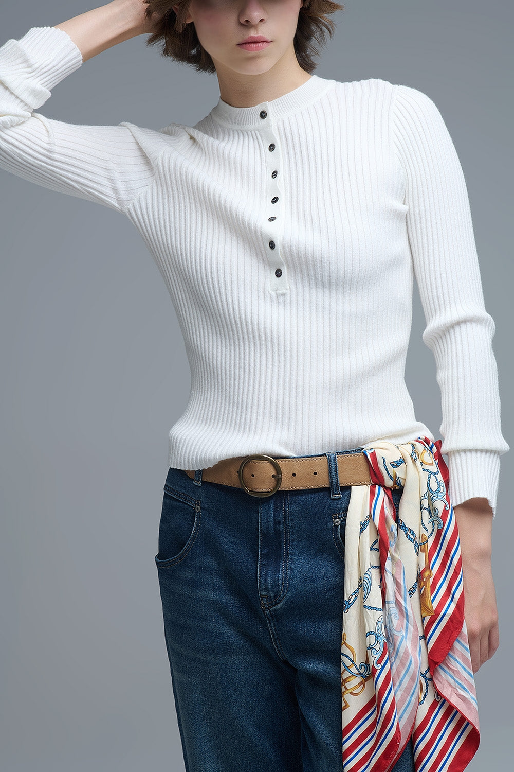 henley Long Sleeve Ribbed Sweater in White - Sweaters