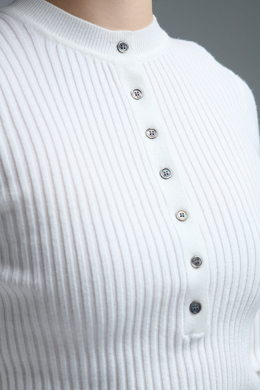 henley Long Sleeve Ribbed Sweater in White - Sweaters