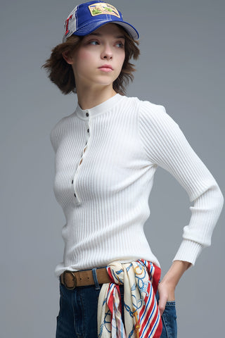 henley Long Sleeve Ribbed Sweater in White