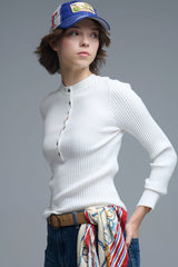 henley Long Sleeve Ribbed Sweater in White