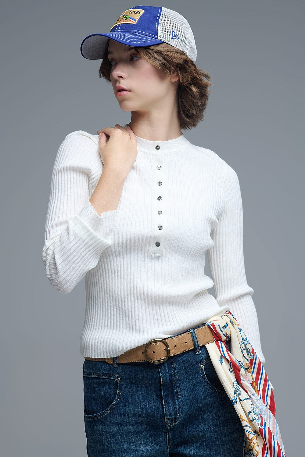 henley Long Sleeve Ribbed Sweater in White - Sweaters