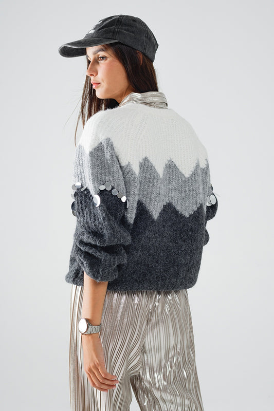Herringbone Pattern Sweater With Sequin Details In Grey - Jumpers