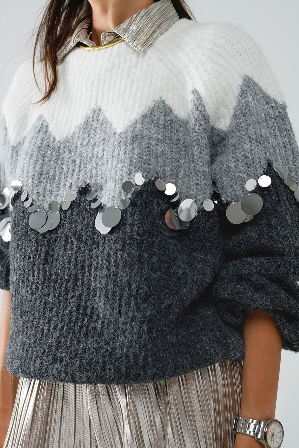 Herringbone Pattern Sweater With Sequin Details In Grey - Jumpers