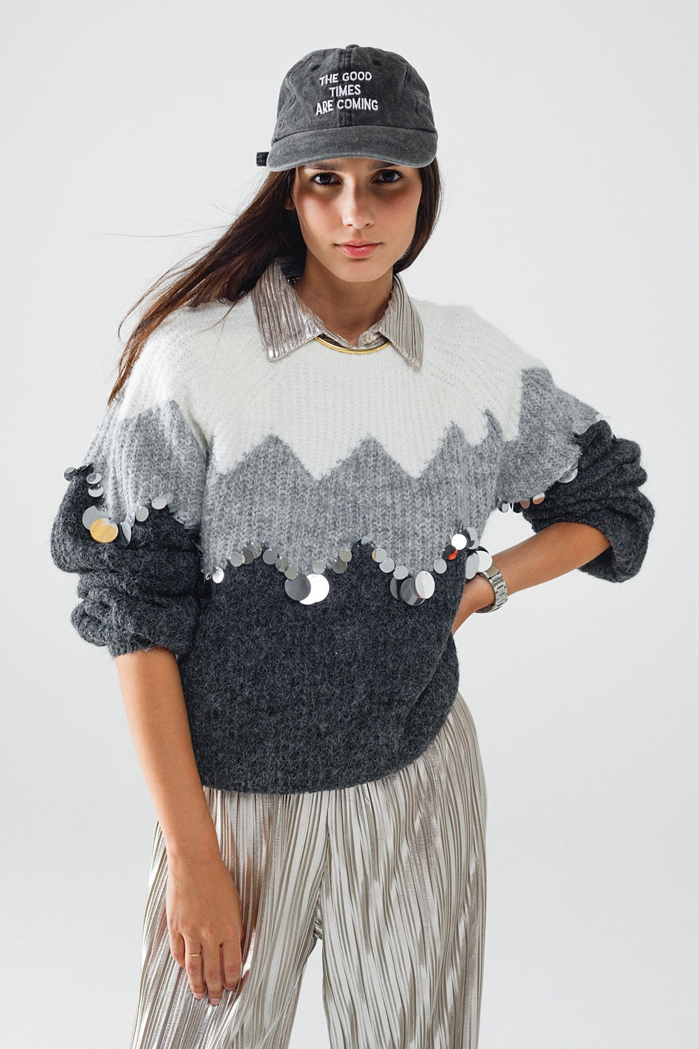 Herringbone Pattern Sweater With Sequin Details In Grey - Jumpers