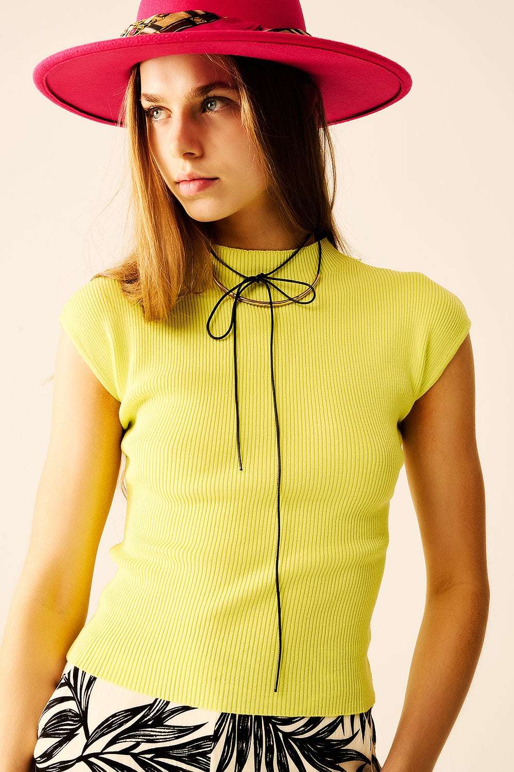 High Neck Cap Sleeves Top in Lime Green - Tops
