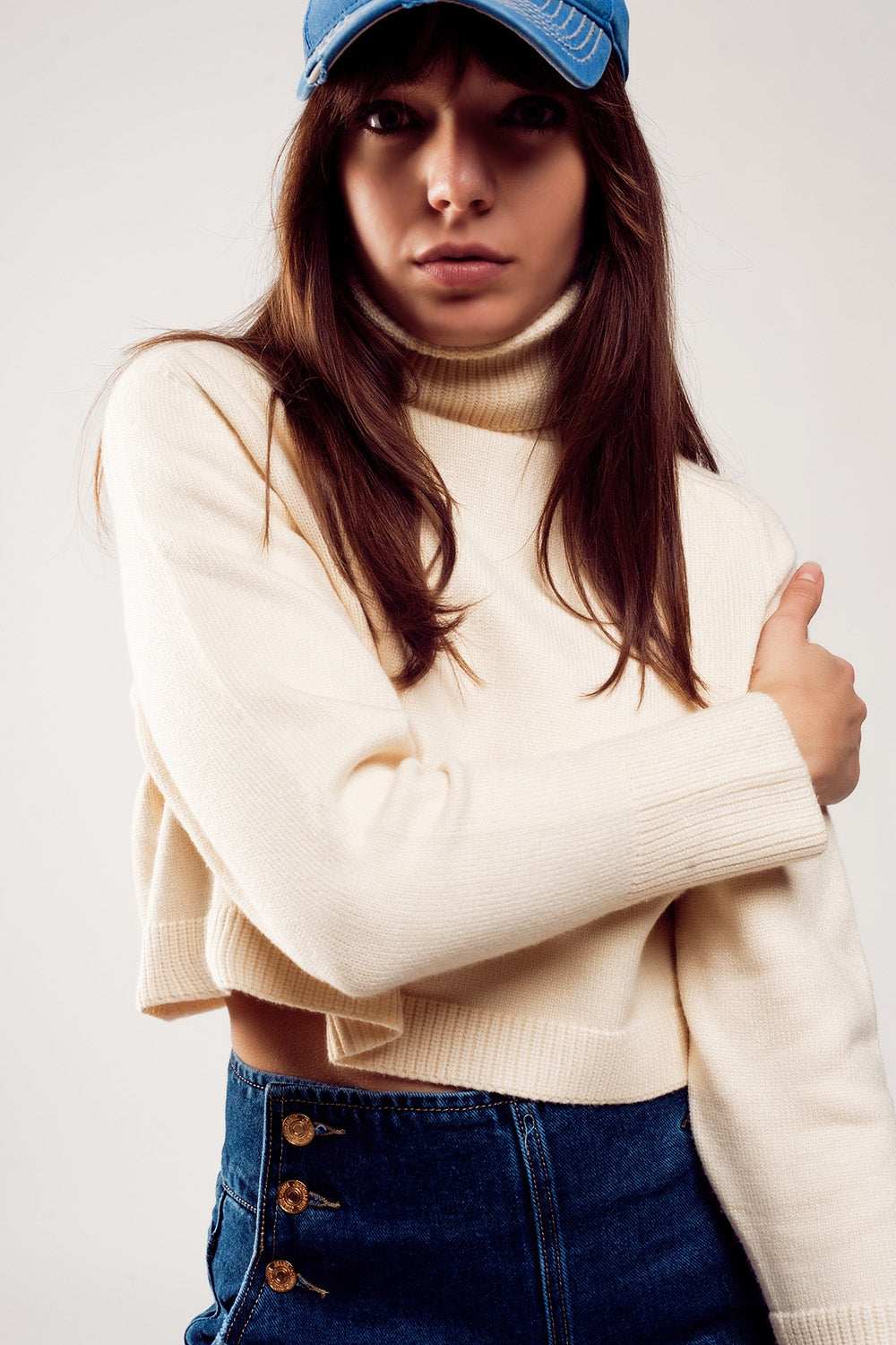 High neck cropped jumper in cream - Jumpers
