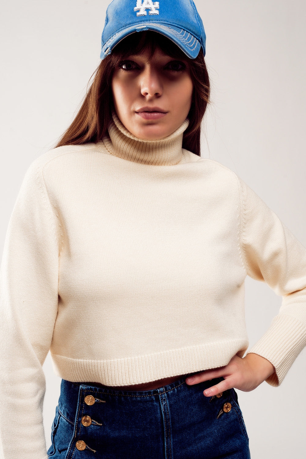 High neck cropped jumper in cream - Jumpers