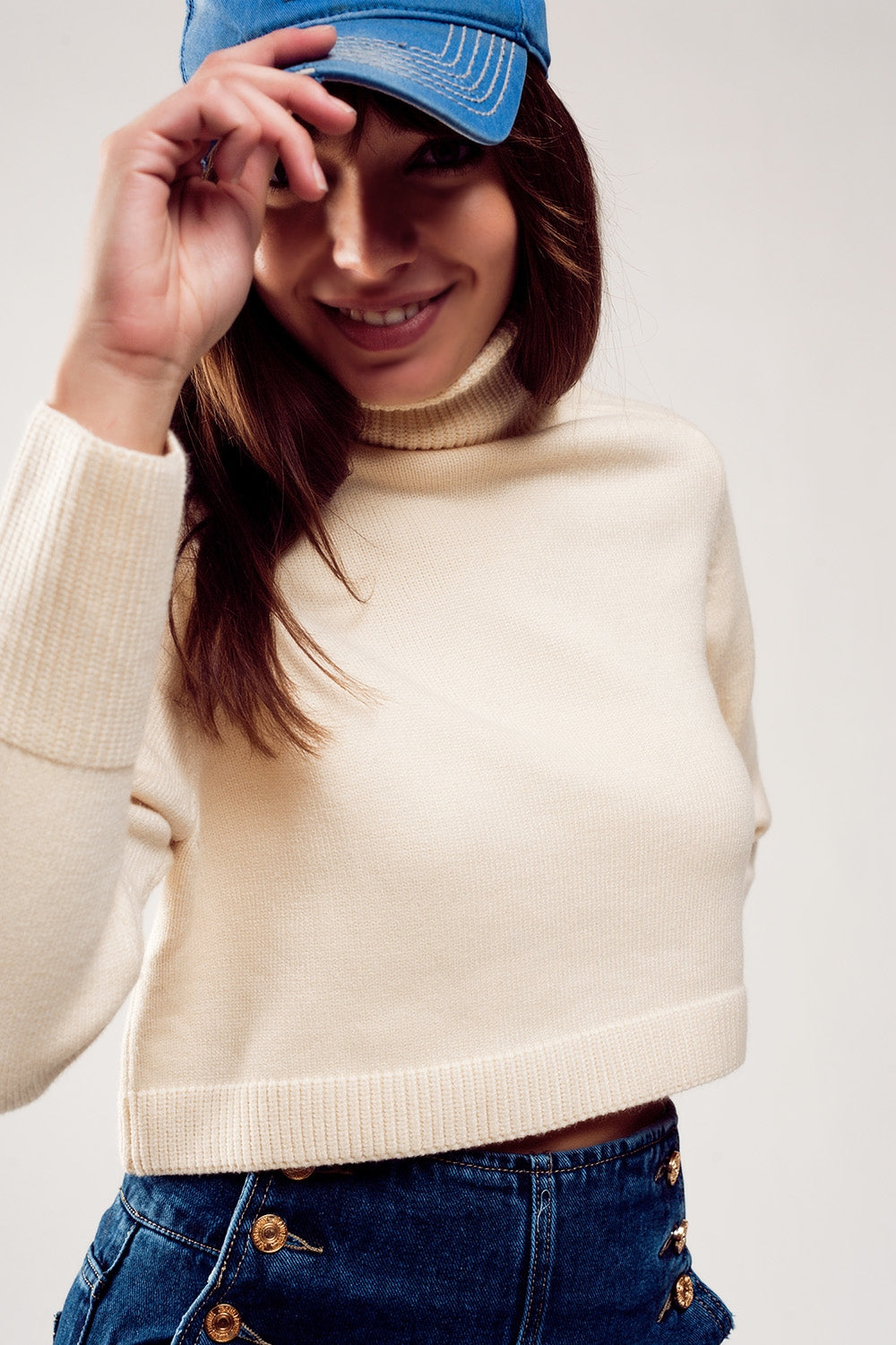 High neck cropped jumper in cream - Jumpers