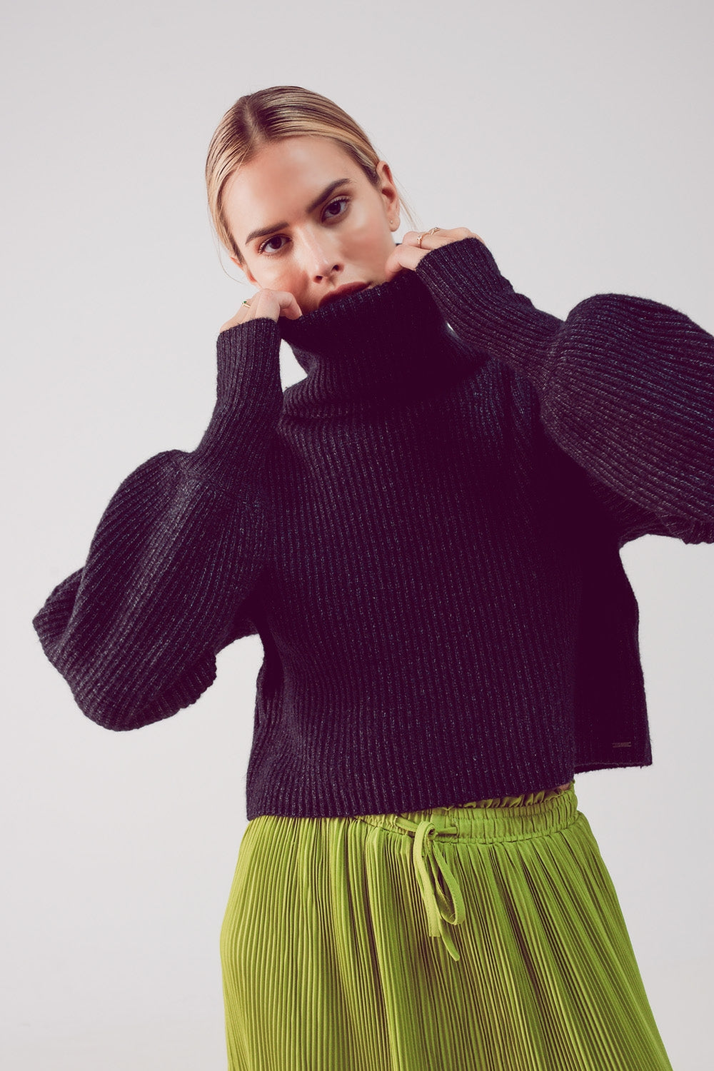 High neck jumper with balloon sleeve in black - Jumpers