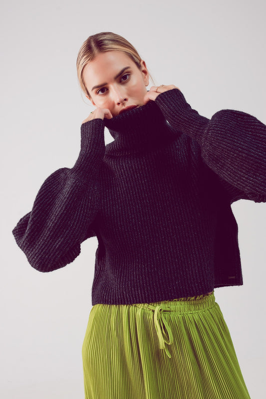 High neck jumper with balloon sleeve in black - Jumpers