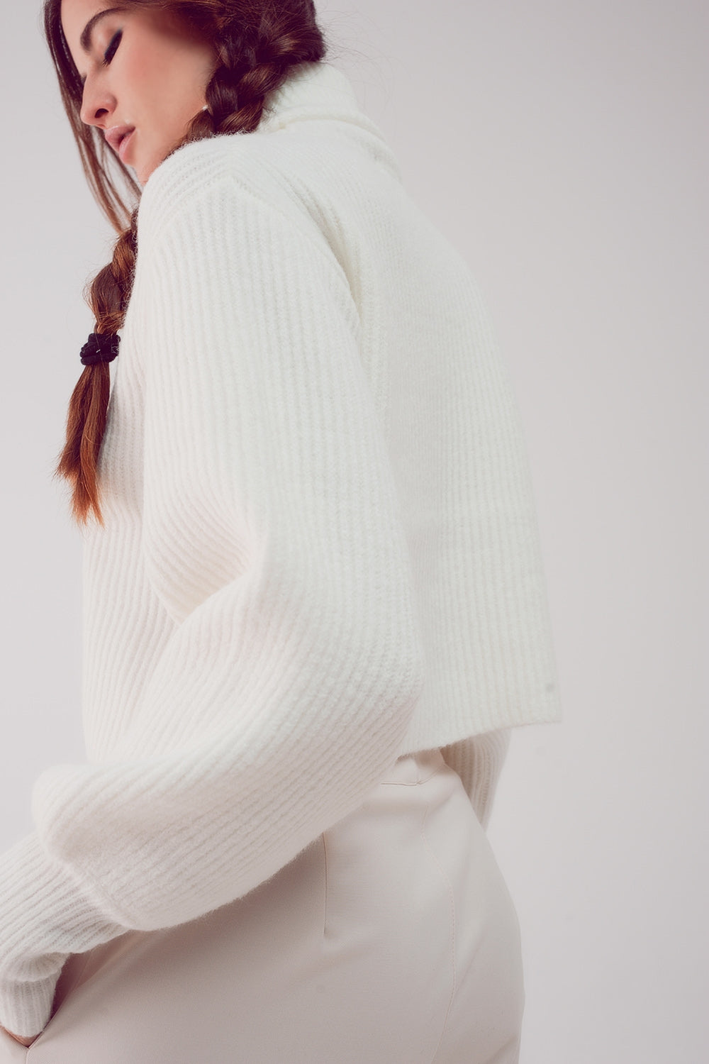 High neck jumper with balloon sleeve in cream - Jumpers