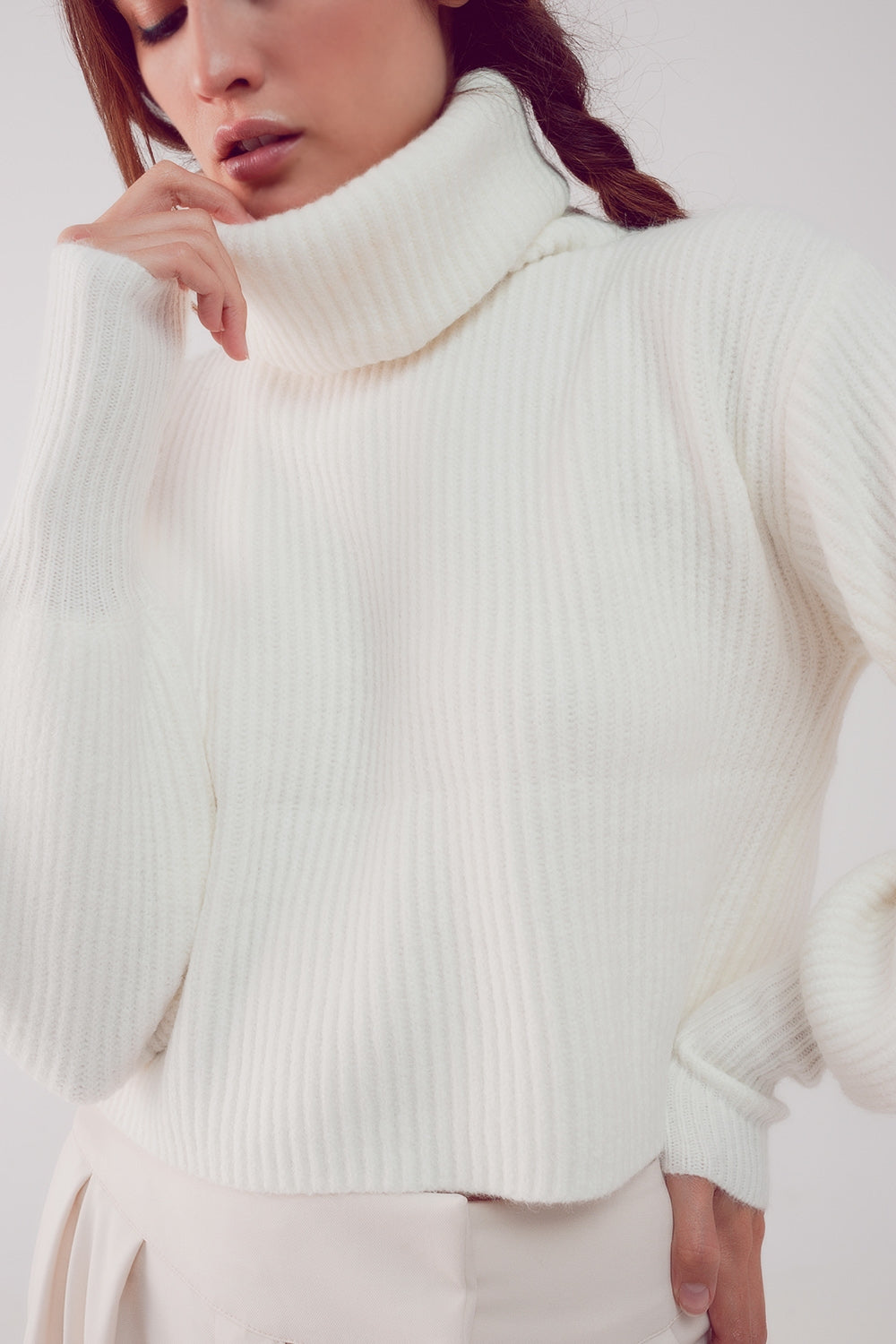 High neck jumper with balloon sleeve in cream - Jumpers