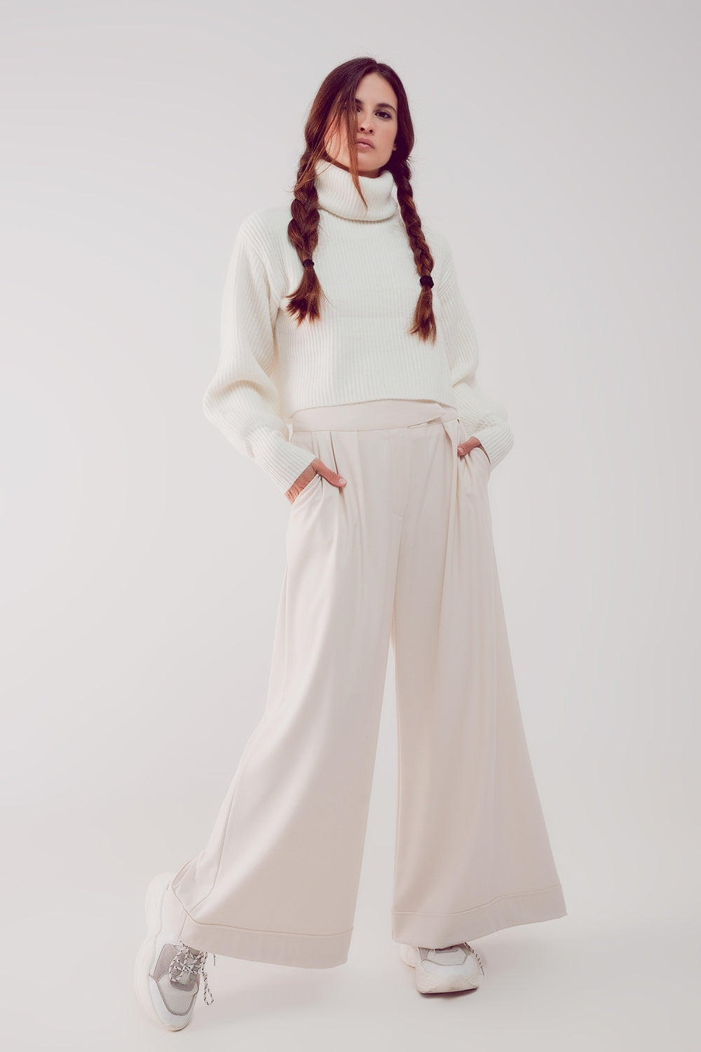 High neck jumper with balloon sleeve in cream - Jumpers