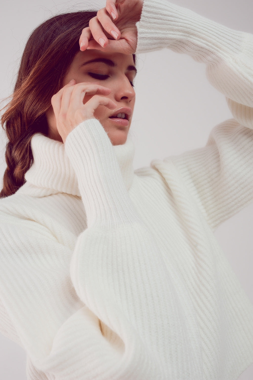 High neck jumper with balloon sleeve in cream - Jumpers