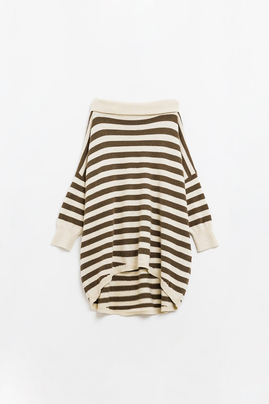 High Neck Oversized Swater With Bat Wings and Stripes in Cream and Brown - Jumpers
