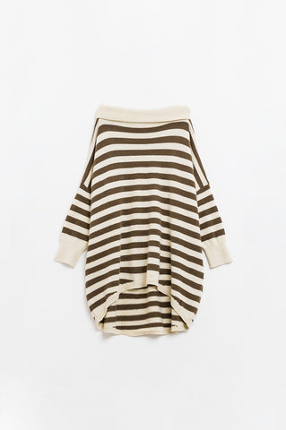 High Neck Oversized Swater With Bat Wings and Stripes in Cream and Brown