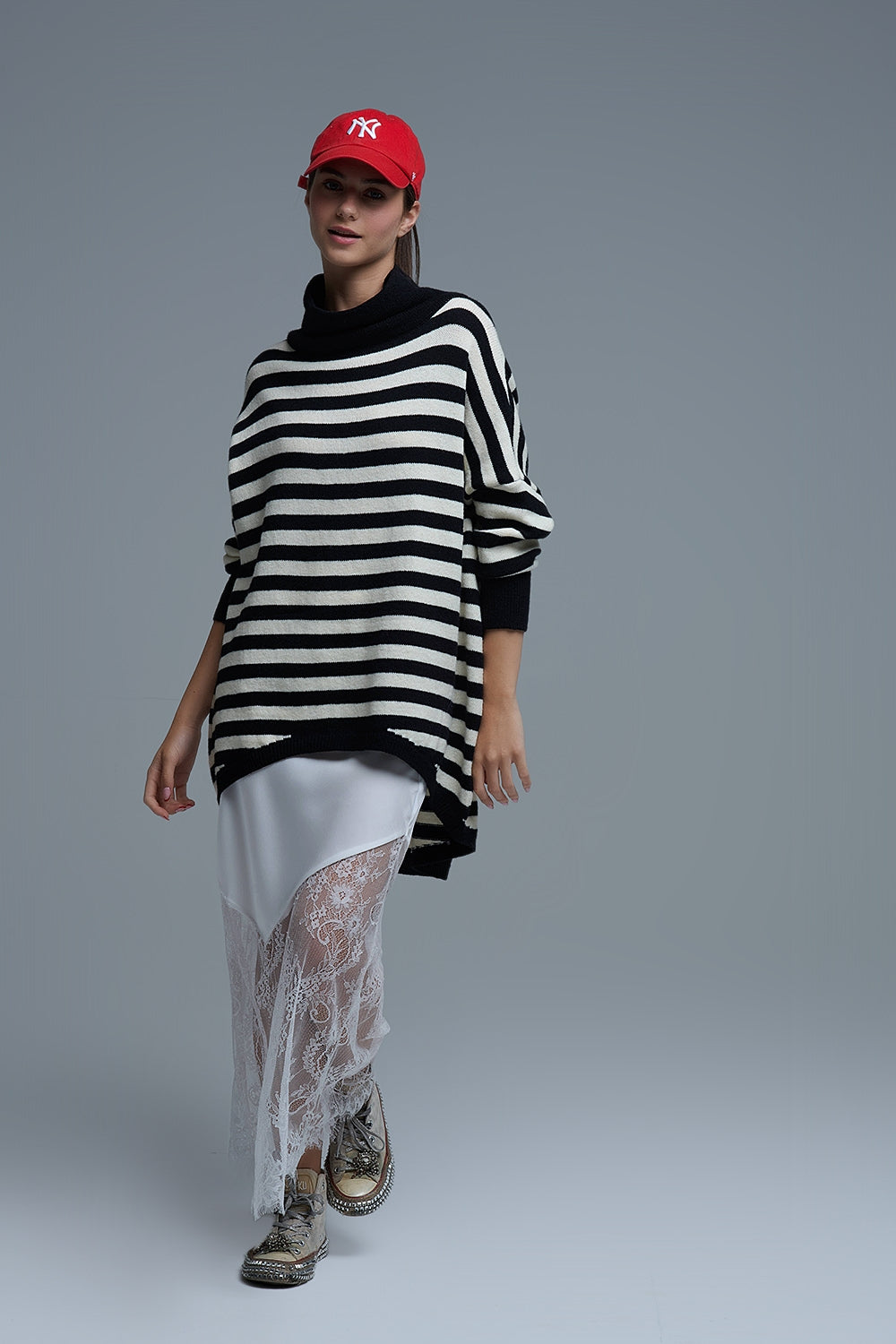 High Neck Oversized Sweater With Bat Wings and Stripes in black and white - Sweaters