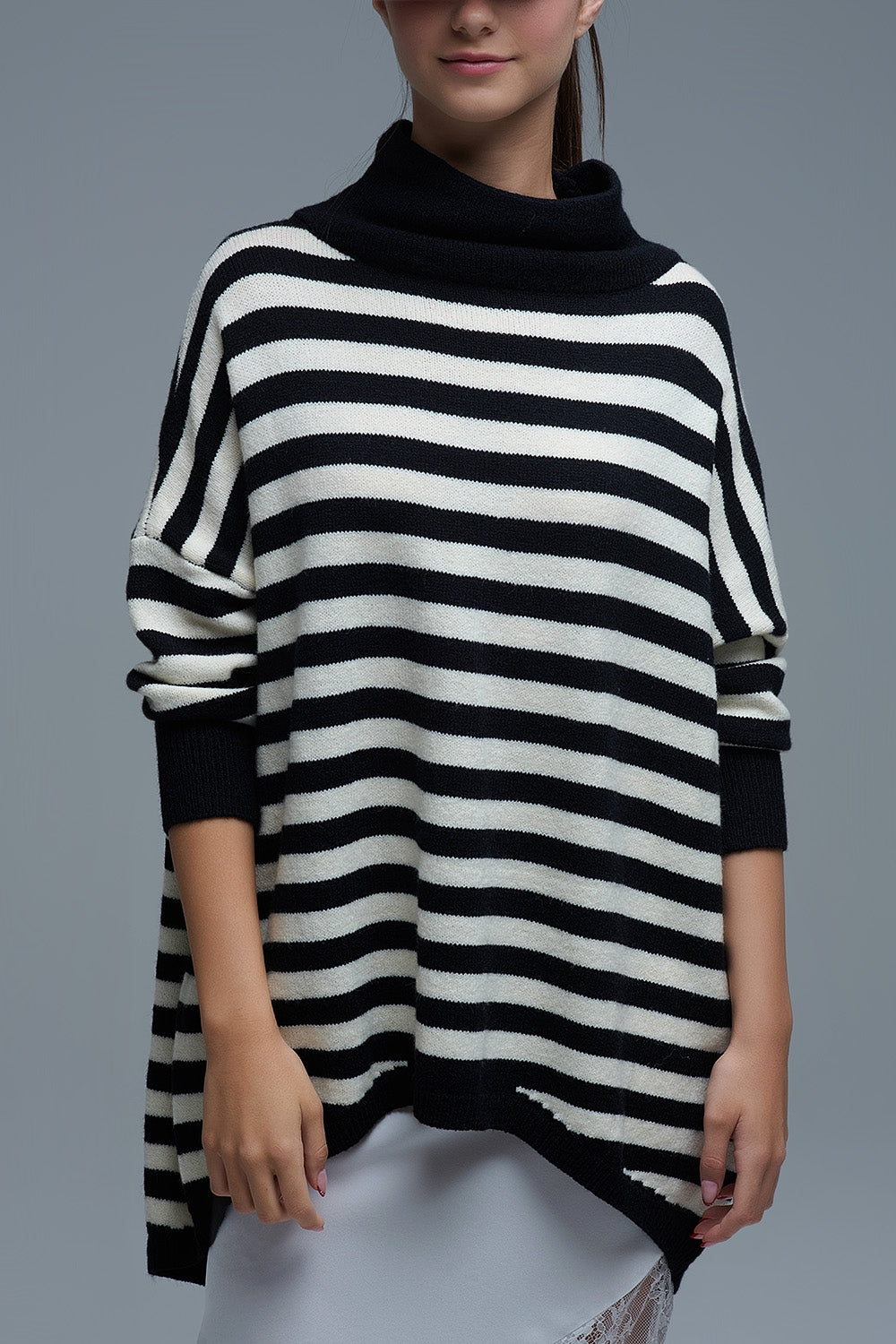 High Neck Oversized Sweater With Bat Wings and Stripes in black and white - Sweaters