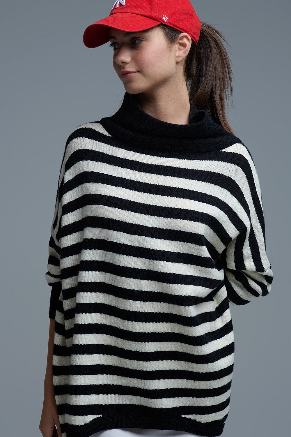 High Neck Oversized Sweater With Bat Wings and Stripes in black and white - Sweaters