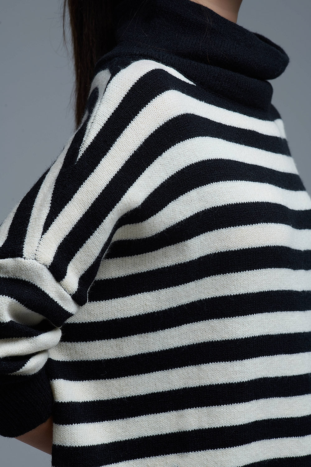 High Neck Oversized Sweater With Bat Wings and Stripes in black and white - Sweaters