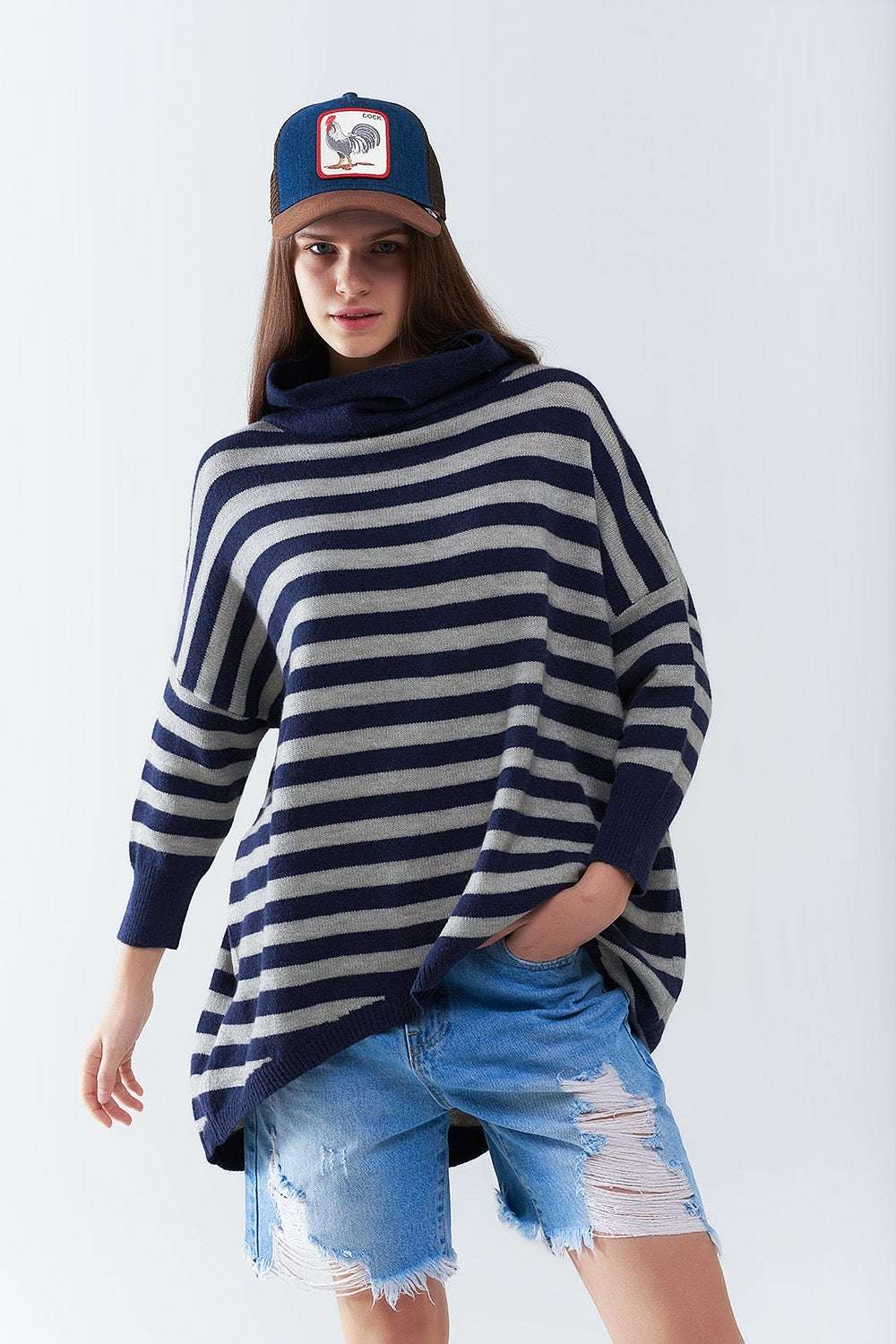 High Neck Oversized Sweater With Bat Wings and Stripes in navy and grey - Jumpers
