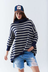 High Neck Oversized Sweater With Bat Wings and Stripes in navy and grey