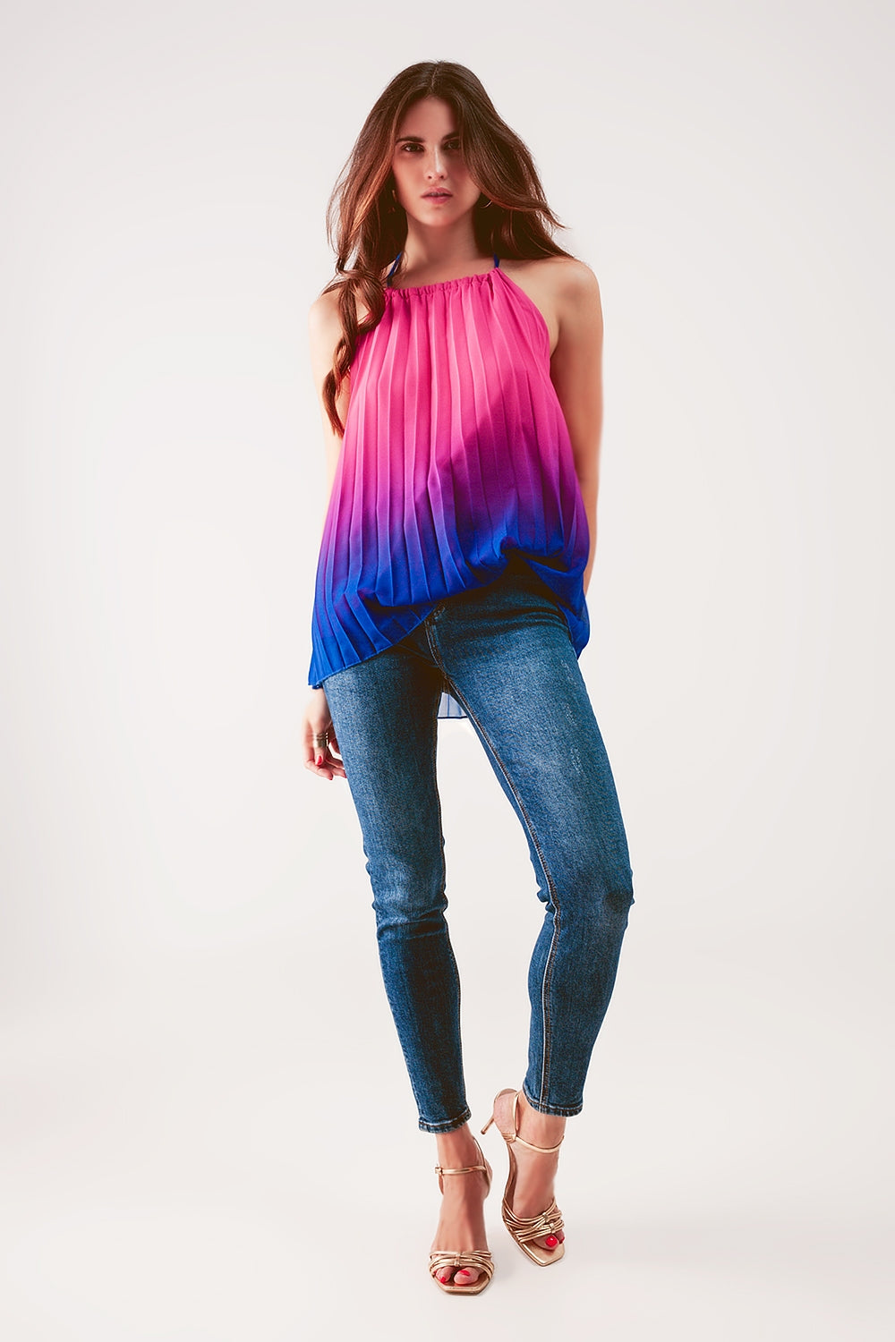 High neck pleat top in fuchsia ombre - Tops