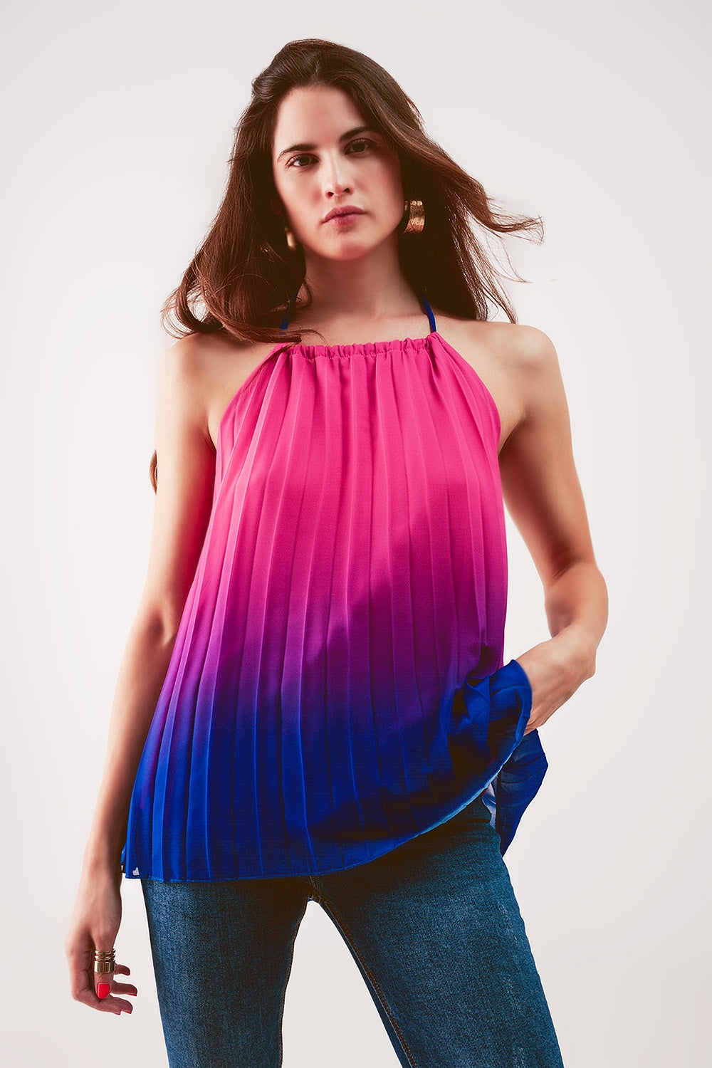 High neck pleat top in fuchsia ombre - Tops
