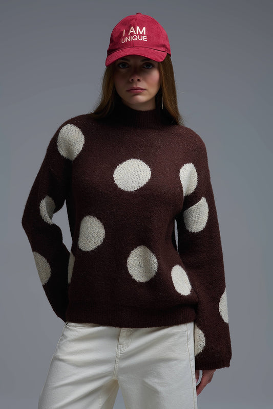 High-Neck Polka Dot Sweater With Bell Sleeves in Brown - Sweaters