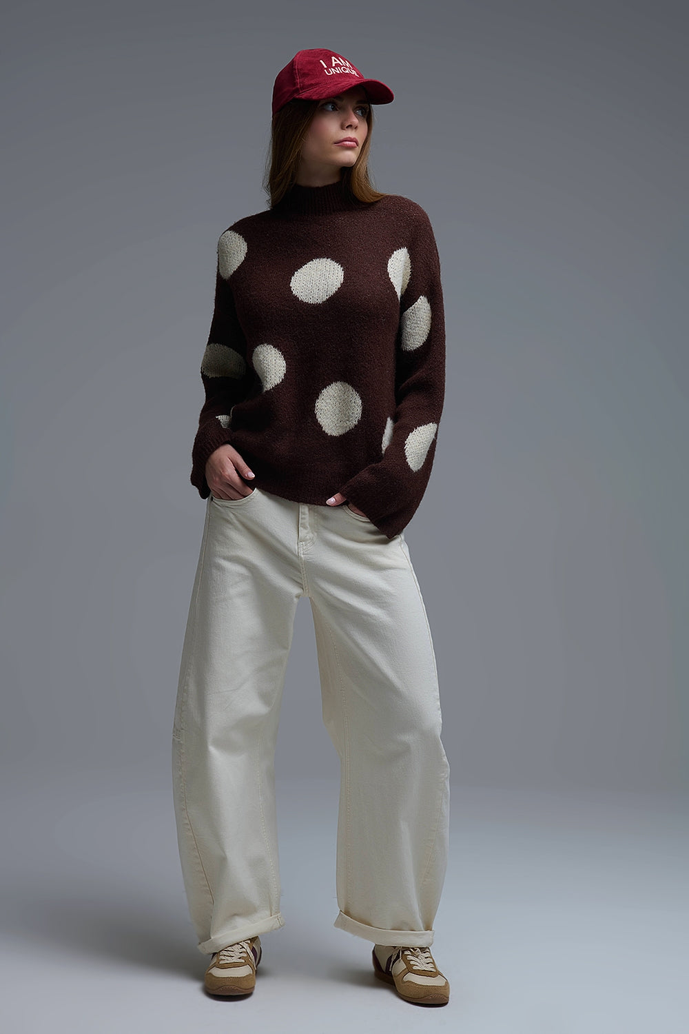 High-Neck Polka Dot Sweater With Bell Sleeves in Brown - Sweaters