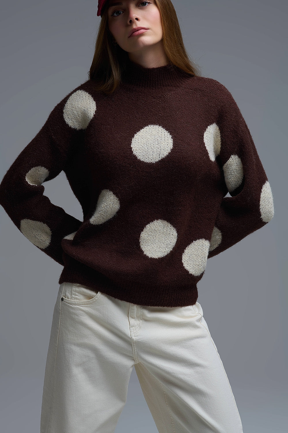 High-Neck Polka Dot Sweater With Bell Sleeves in Brown - Sweaters