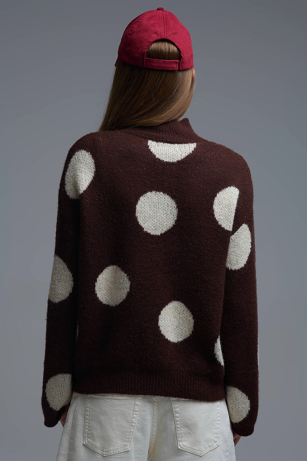 High-Neck Polka Dot Sweater With Bell Sleeves in Brown - Sweaters
