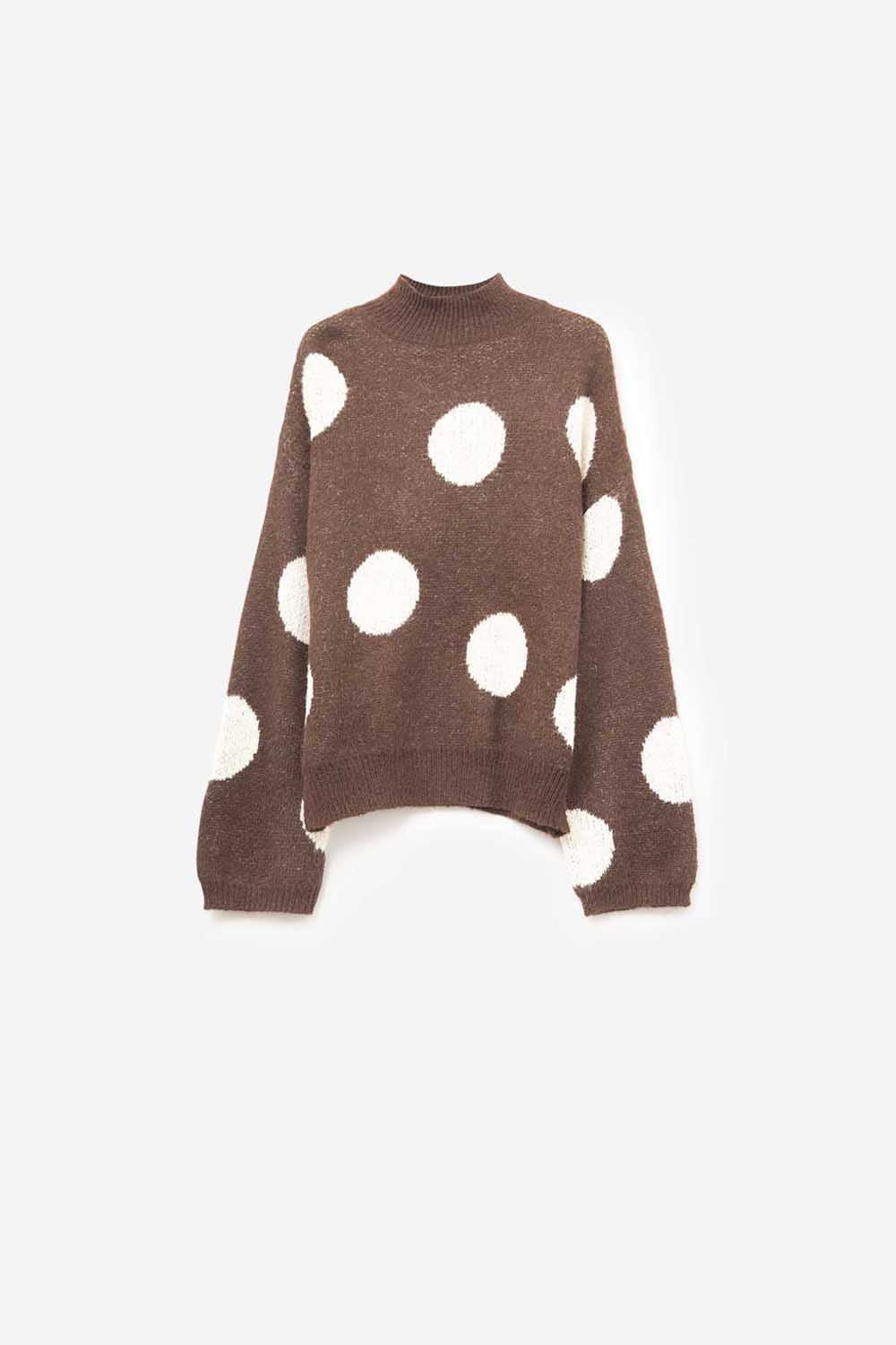 High-Neck Polka Dot Sweater With Bell Sleeves in Brown - Sweaters