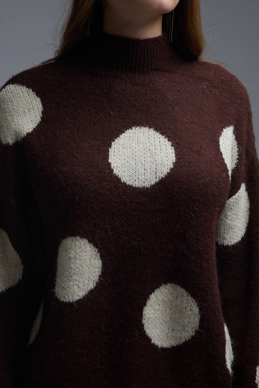 High-Neck Polka Dot Sweater With Bell Sleeves in Brown - Sweaters