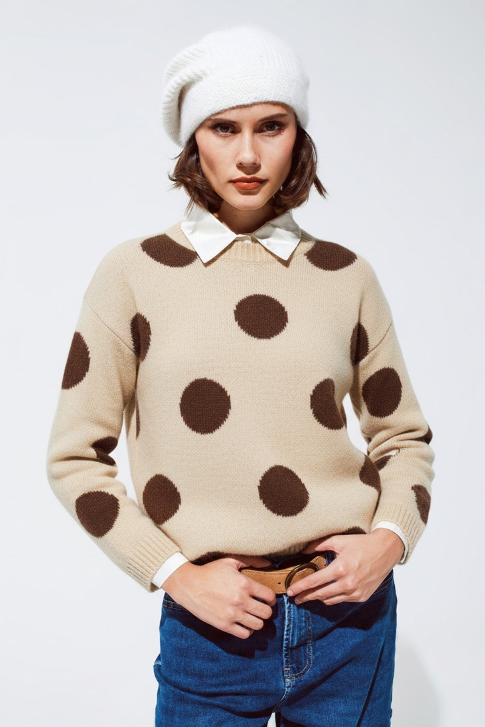 High-Neck Polka Dot Sweater With Bell Sleeves in Cream - Sweaters
