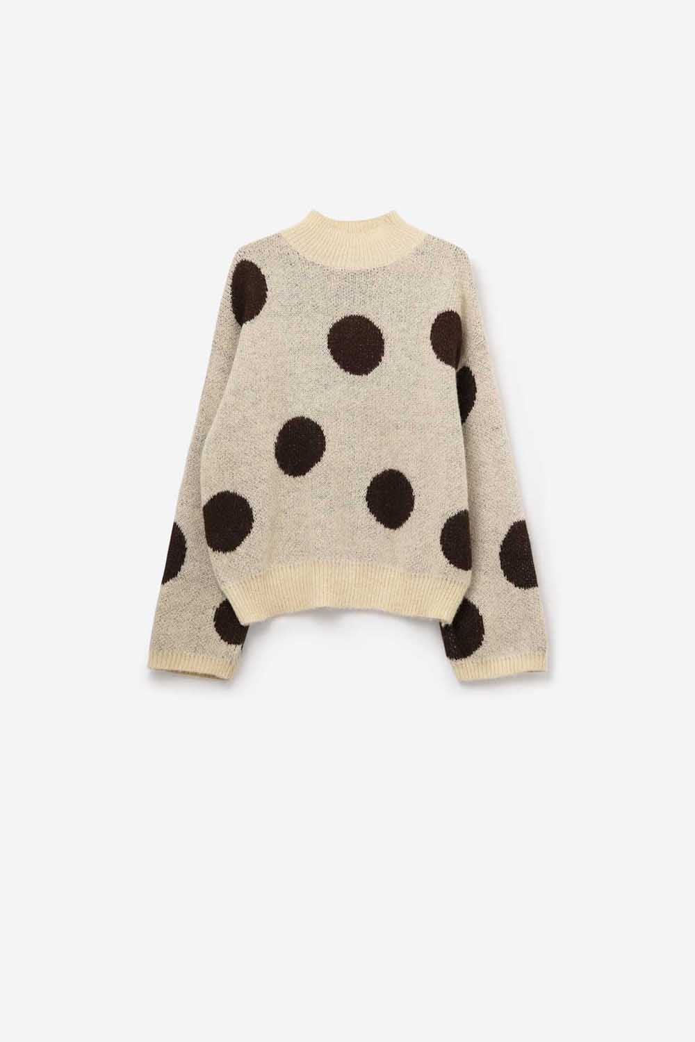 High-Neck Polka Dot Sweater With Bell Sleeves in Cream - Sweaters