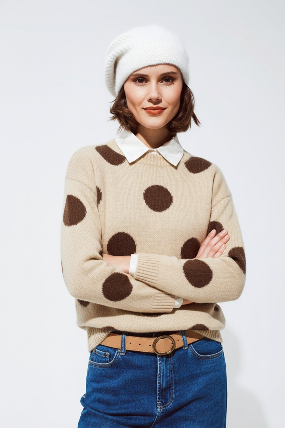 High-Neck Polka Dot Sweater With Bell Sleeves in Cream - Sweaters