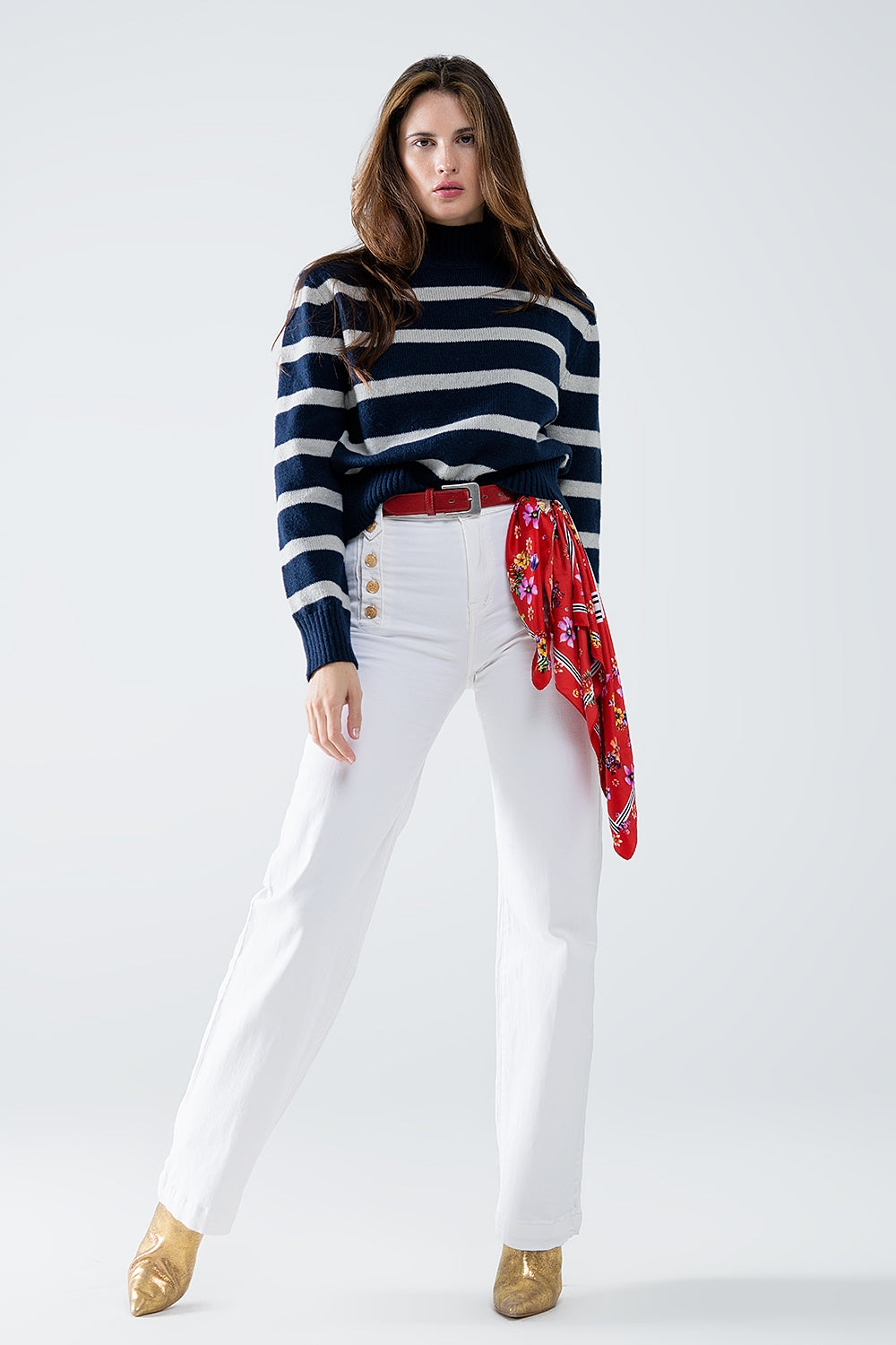 High Neck striped Sweater in navy and grey - Sweaters