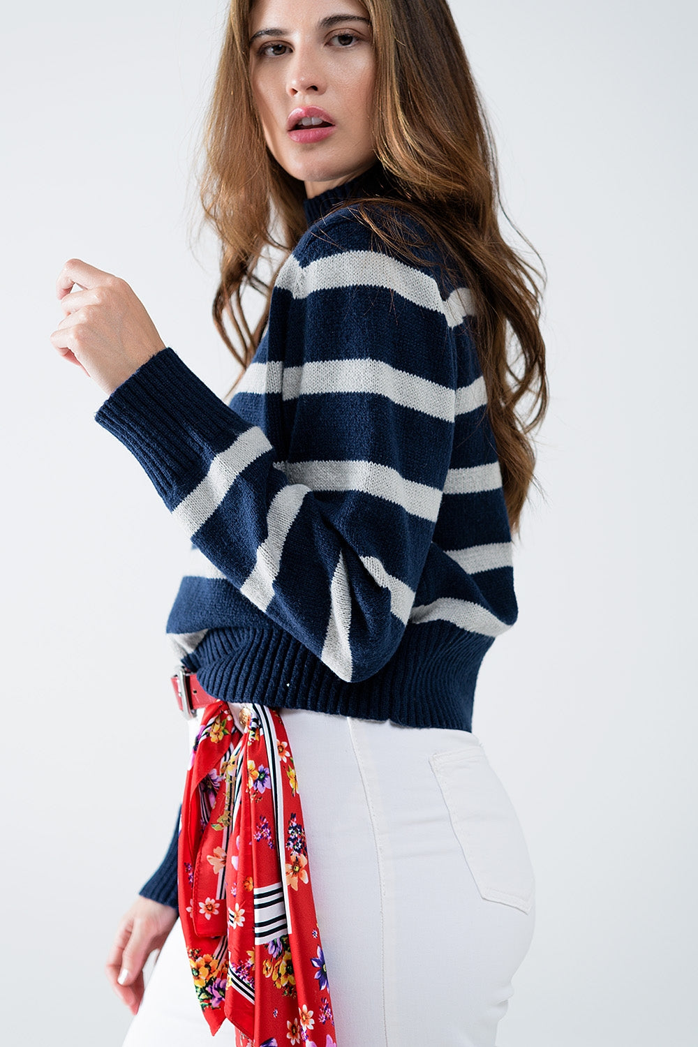 High Neck striped Sweater in navy and grey - Sweaters